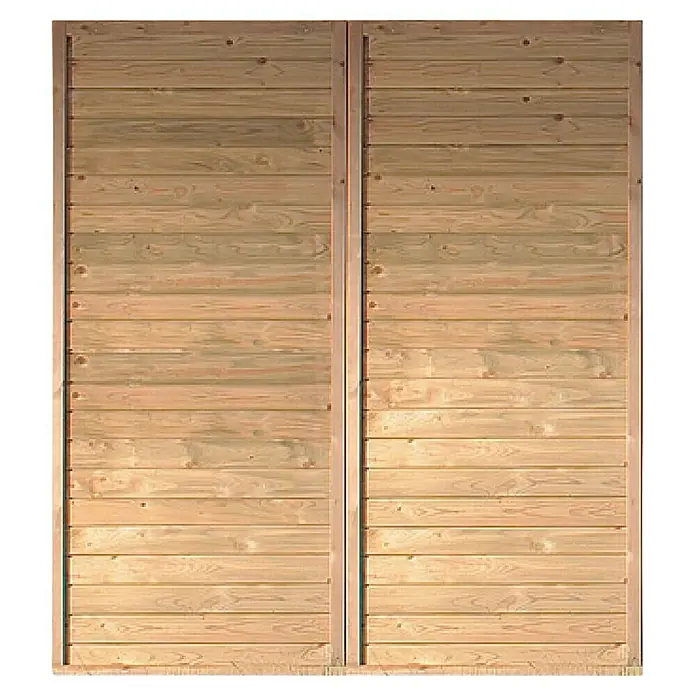 Karibu Seitenwand - B x H: 180 x 200 cm, Kesseldruckimprägniert - Hellbrauner Holzzaun mit horizontalen Brettern und vertikalen Stützen, der Privatsphäre und rustikalen Charme bietet.