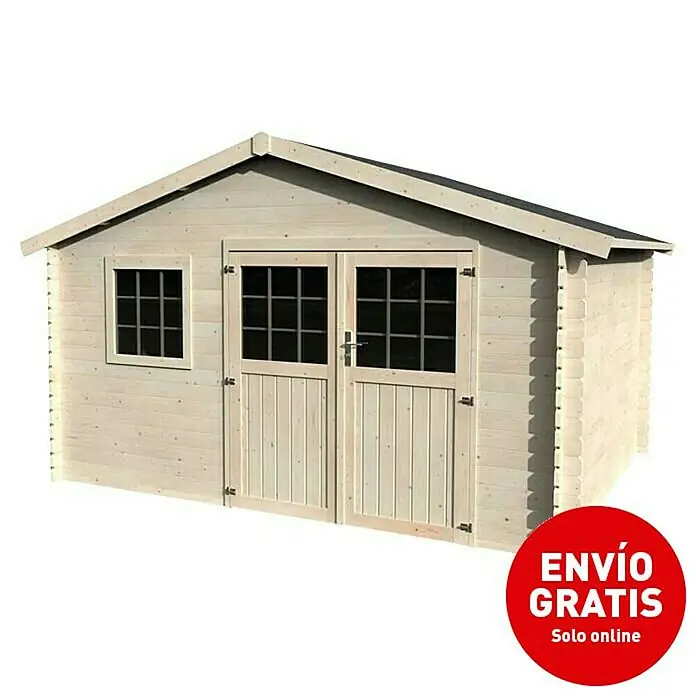 Décor et Jardin Caseta de jardín Frévent - Medidas ext. (An x Pr): 427 x 331 cm, Espesor de pared: 28 mm, Natural - Imagen de una caseta de jardín de madera clara con puerta doble y ventana, ideal para guardar herramientas de jardín.