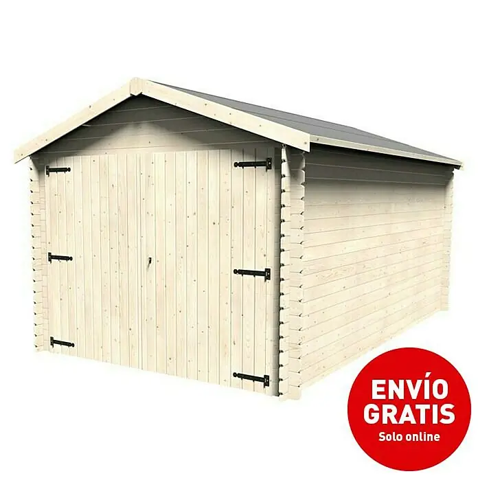 Décor et Jardin Garaje Gamache - Medidas ext. (An x Pr): 317 x 495 cm, Espesor de pared: 28 mm, Natural, 15,69 m² - Imagen de un kit de garaje de madera con puerta doble, ideal para guardar vehículos y equipos de forma segura.