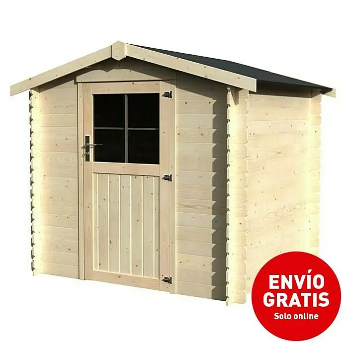 Décor et Jardin Caseta para jardín Haya - Medidas ext. (An x Pr): 230 x 213 cm, Espesor de pared: 19 mm, Natural - Foto de una caseta de jardín de madera con puerta y ventana, destacada por una pegatina roja de "Envío gratis".