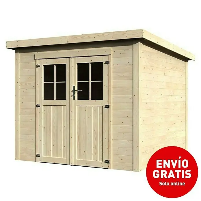 Décor et Jardin Caseta de jardín Tailon - Medidas ext. (An x Pr): 250 x 256 cm, Espesor de pared: 19 mm, Natural - Imagen de una caseta de jardín de madera clara con puertas dobles y ventanas, anunciada con "Envío gratis".