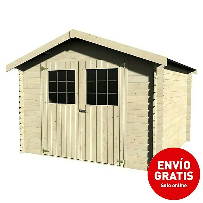 Décor et Jardin Caseta de jardín Flodovark - Medidas ext. (An x Pr): 317 x 313 cm, Espesor de pared: 28 mm, Natural - Imagen de un cobertizo de jardín de madera clara con doble puerta y ventanas, ideal para guardar herramientas de jardinería.