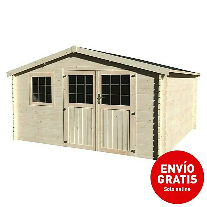 Décor et Jardin Caseta de jardín Vallauris - Medidas ext. (An x Pr): 414 x 403 cm, Espesor de pared: 34 mm, Natural - Caseta de jardín de madera clara con doble puerta y ventana. La caseta ofrece un amplio espacio de almacenamiento para herramientas y más.