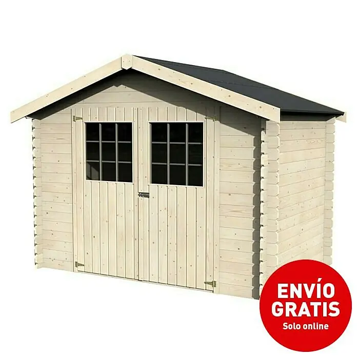 Décor et Jardin Caseta para jardín Flodova - Medidas ext. (An x Pr): 317 x 213 cm, Espesor de pared: 28 mm, Natural - Imagen de una caseta de jardín de madera con puertas dobles y ventanas pequeñas bajo un techo oscuro.