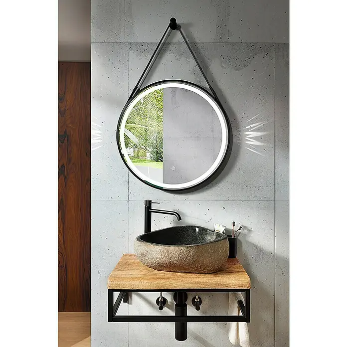 Astor Tree Konsole - B x L: 60 x 36 cm, Metall, Schwarz - Elegantes Badezimmer-Interieur mit einem runden LED-Spiegel über einem stilvollen Natursteinwaschbecken auf einem Holzunterschrank.