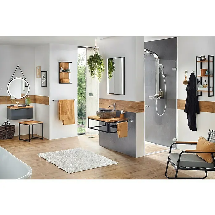 Astor Tree Wandregal - L x B x H: 16 x 30 x 80,7 cm, Eiche/Schwarz - Ein stilvolles Badezimmer mit modernen Möbeln wie einem runden Spiegel, einem Waschtisch mit Natursteinwaschbecken und einer begehbaren Dusche.