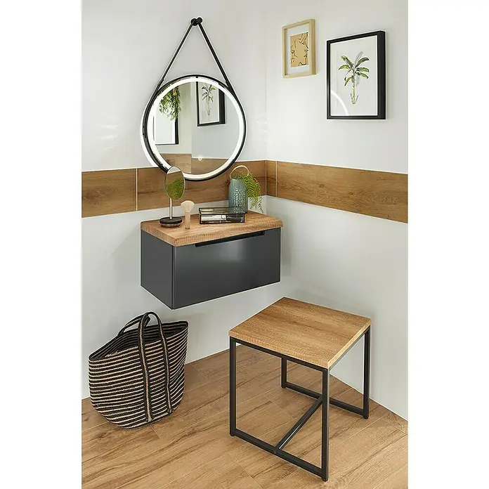 Astor Tree Badhocker - B x H: 43,5 x 46 cm, Eiche/Schwarz - Ein stilvolles Badezimmer-Arrangement mit einem runden Spiegel, einem schwebenden Waschtisch und einem Hocker. Eine moderne und elegante Einrichtung.