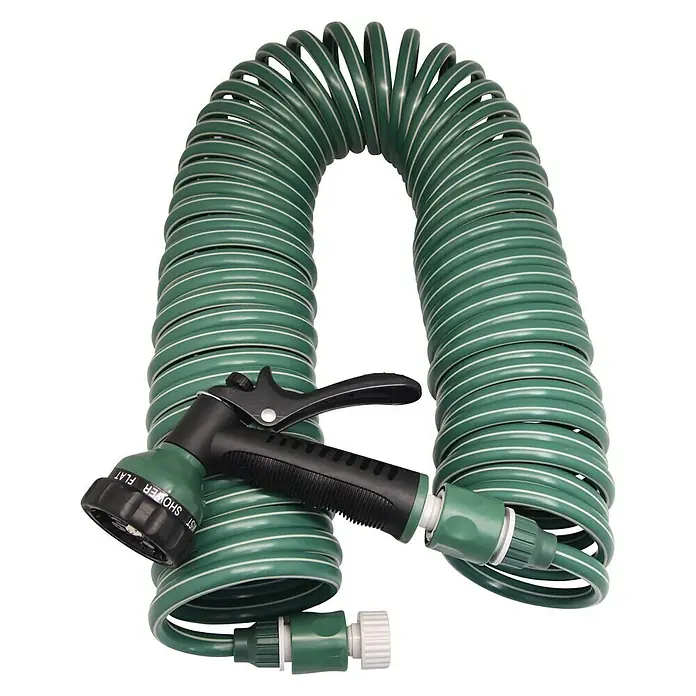 Altadex Manguera en espiral EVA - Largo: 15 m - Manguera de jardín verde en espiral con boquilla rociadora, ideal para regar plantas.