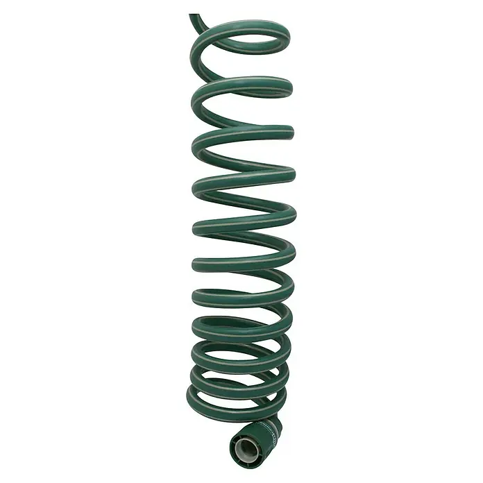 Altadex Manguera en espiral EVA - Largo: 15 m - Manguera de jardín en espiral verde con rayas claras y conector. Solución de riego práctica para plantas y céspedes.