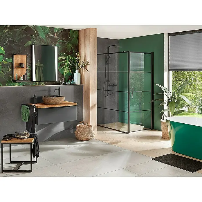 Astor Tree Wandregal - L x B x H: 16 x 30 x 57,5 cm, Eiche/Schwarz - Ein modernes Badezimmer mit einem Waschtisch aus Holz und Stein, einer begehbaren Dusche und grünen Akzenten, die eine entspannende Atmosphäre schaffen.