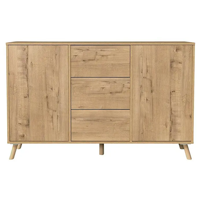 Muebles Pitarch Oslo Aparador - L x An x Al: 40 x 140 x 89 cm, Roble gold, Número de cajones: 3 ud. - Esta imagen muestra un buffet de madera con tres cajones en el centro y dos puertas de armario en los laterales, ideal para guardar.