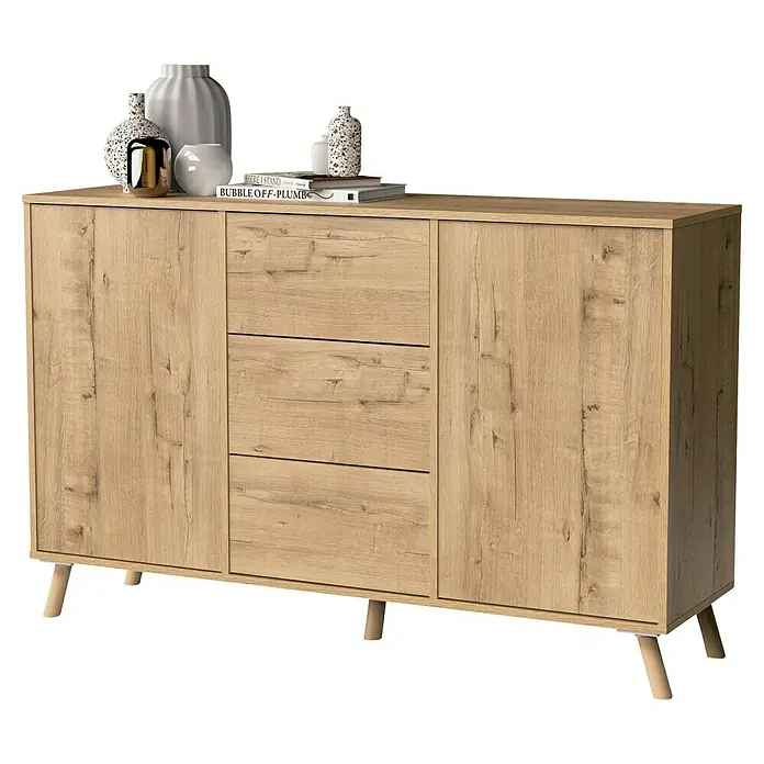 Muebles Pitarch Oslo Aparador - L x An x Al: 40 x 140 x 89 cm, Roble gold, Número de cajones: 3 ud. - Aparador con diseño de madera con tres cajones y dos puertas, decorado con jarrones y libros. Perfecto para salones y comedores.