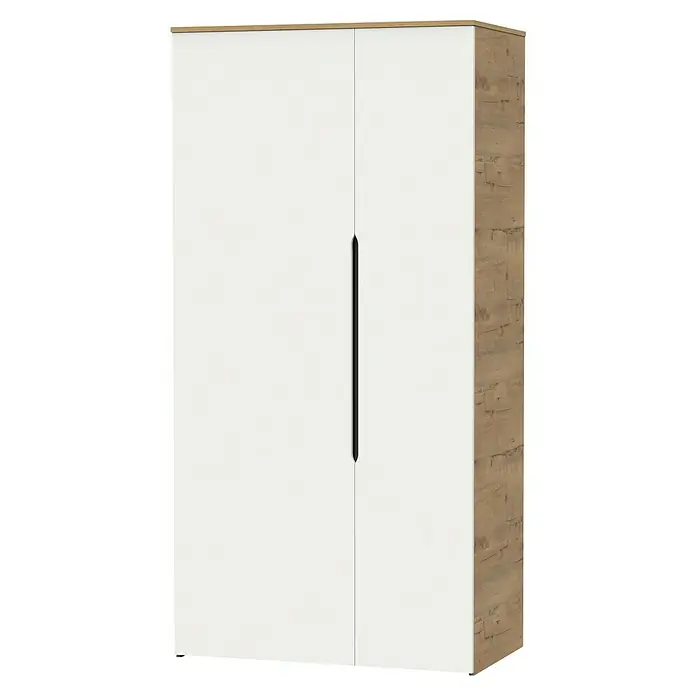 Muebles Pitarch Armario para ropa Noa - L x An x Al: 57 x 100 x 200 cm, Blanco/Roble gold - Armario moderno blanco de doble puerta con tirador y estructura de madera en los laterales para un elegante almacenamiento en el dormitorio.