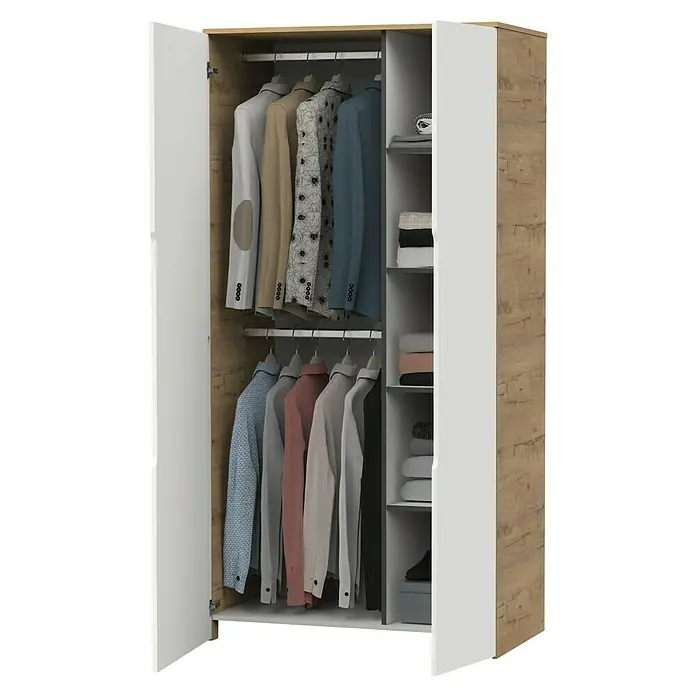 Muebles Pitarch Armario para ropa Noa - L x An x Al: 57 x 100 x 200 cm, Blanco/Roble gold - Un armario abierto con marco de madera clara, puertas blancas y estantes, lleno de ropa, ofrece un amplio espacio de almacenamiento.
