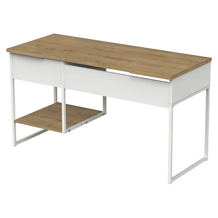 Muebles Pitarch Mesa de escritorio Shira - L x An x Al: 58 x 137,5 x 76 cm, Blanco/Roble - Escritorio claro con una encimera de aspecto de madera, un cuerpo blanco y un estante adicional. Las patas son blancas.