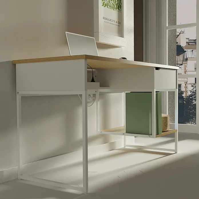 Muebles Pitarch Mesa de escritorio Shira - L x An x Al: 58 x 137,5 x 76 cm, Blanco/Roble - Escritorio elegante con tablero de madera y estructura blanca. El diseño simple se integra perfectamente en espacios de trabajo modernos ofreciendo almacenaje.