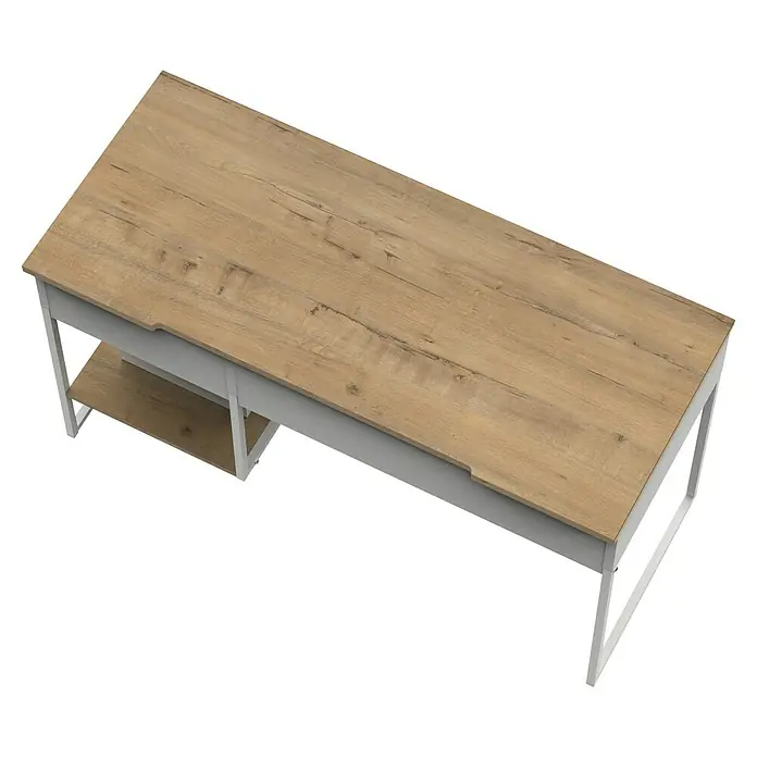 Muebles Pitarch Mesa de escritorio Shira - L x An x Al: 58 x 137,5 x 76 cm, Blanco/Roble - Un escritorio moderno con una tapa de madera clara y una estructura de metal blanca, ideal para una oficina en casa elegante.