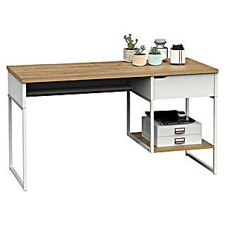 Muebles Pitarch Mesa de escritorio Shira (L x An x Al: 58 x 137,5 x 76 cm, Blanco/Roble)