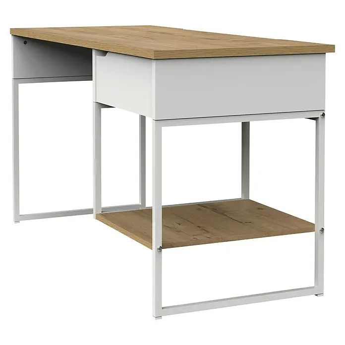 Muebles Pitarch Mesa de escritorio Shira - L x An x Al: 58 x 137,5 x 76 cm, Blanco/Roble - Un escritorio moderno con una tapa de aspecto madera, un cajón blanco y una estructura metálica blanca con un estante adicional para almacenamiento.