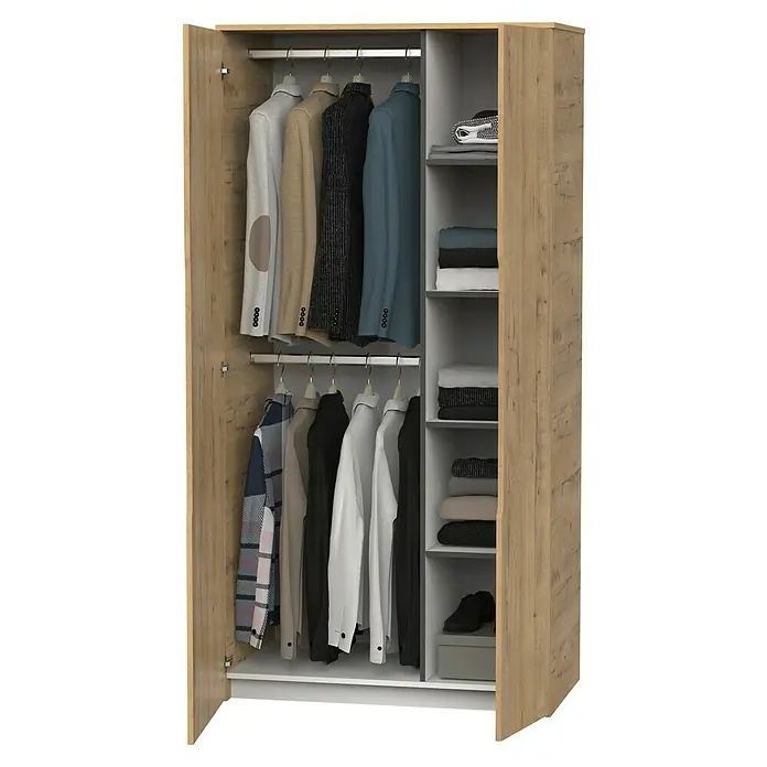 Muebles Pitarch Armario para ropa Noa - L x An x Al: 57 x 100 x 200 cm, Roble gold - Armario abierto con varias prendas de ropa y ropa plegada en el estante. Textura de madera.