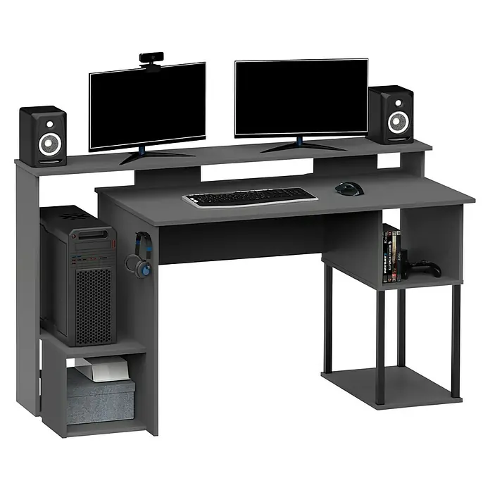 Muebles Pitarch Mesa de escritorio Neru - L x An x Al: 67 x 150 x 89,5 cm, Gris oscuro - Escritorio gaming gris con almacenamiento, dos monitores, altavoces, PC, teclado, ratón y accesorios para una configuración de juego definitiva.