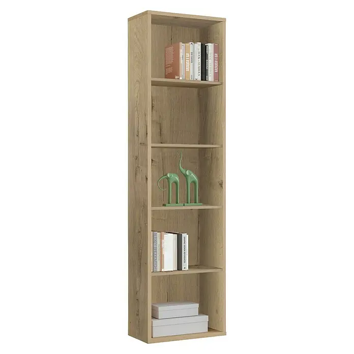 Muebles Pitarch Estantería de madera - Al x An x Pr: 196,5 x 51,5 x 33 cm, Número de baldas: 4 ud., Roble - Librería de madera clara con múltiples estantes, llena de libros, figuras de elefantes decorativas y cajas, ideal para el salón o la oficina.