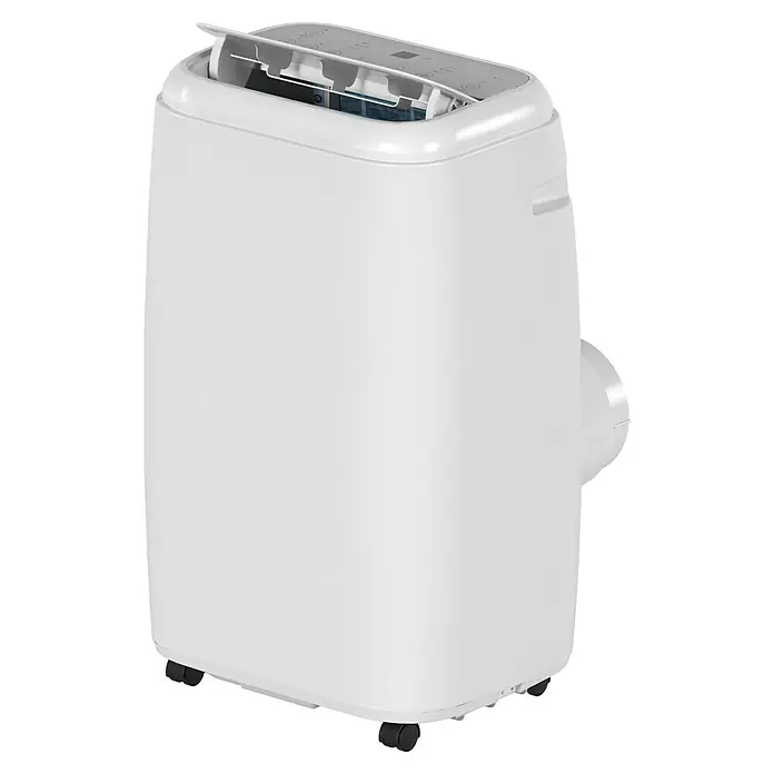 Proklima Mobiles Klimagerät WiFi - 2.500 W, Raumgröße: 24 m², Weiß - Eine Nahaufnahme eines tragbaren, weißen Klimageräts mit Rollen und einer Öffnung oben.