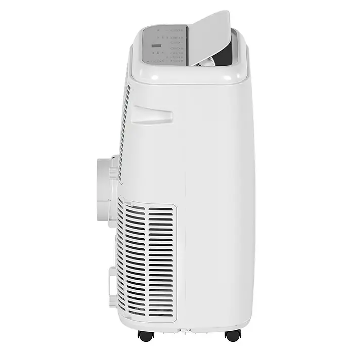Proklima Mobiles Klimagerät WiFi - 2.500 W, Raumgröße: 24 m², Weiß - Ein weißes, tragbares Klimagerät ist auf einem schwarzen Hintergrund abgebildet. Das Gerät hat oben ein Bedienfeld und Luftschlitze an der Seite.