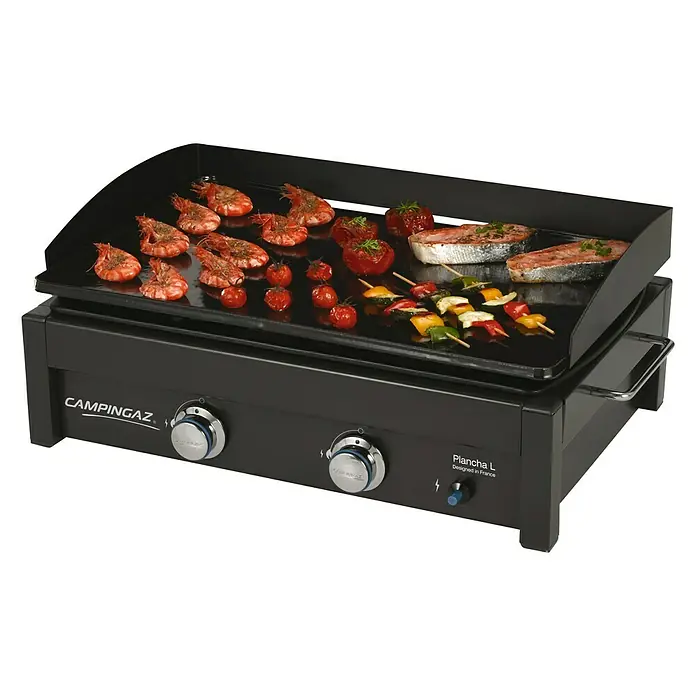 Campingaz Barbacoa de gas L - Superficie de la parrilla (An x Pr): 66 x 42 cm, Número de quemadores: 2 - Campingaz Plancha L parrilla de gas con mariscos, pescado y brochetas de verduras para cocina gourmet al aire libre.