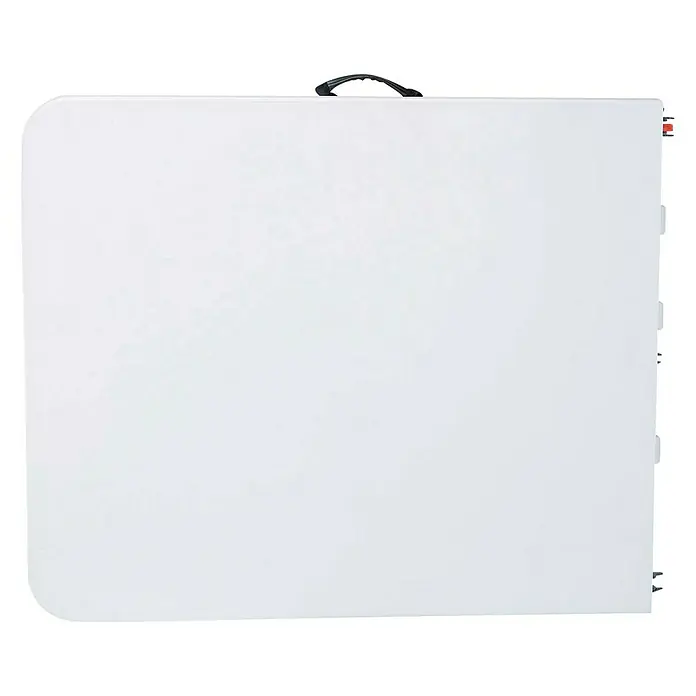 Mesa de jardín Every - L x An x Al: 180 x 75 x 74 cm, Acero/HDPE, Blanco roto, Abatible - Primer plano de una mesa plegable blanca con asa de transporte. Ideal para eventos y fácil transporte.