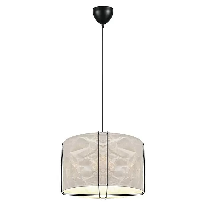 Nordlux Pendelleuchte rund CARDINE - 60 W, Ø x H: 50 x 37,5 cm, Weiß, Schwarz, E27 - Schwarze Pendelleuchte mit zerknittertem, cremefarbenem Schirm und schwarzem Drahtgestell, warmes Licht abgebend.