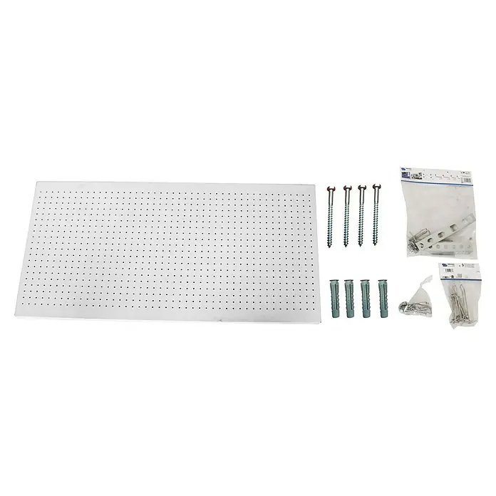 Simonrack Panelclick Panel perforado con 22 ganchos y 8 accesorios - L x An: 120 x 60 cm, Blanco - Imagen del producto de una chapa perforada blanca junto con diversos fijadores y soportes para el montaje en pared.