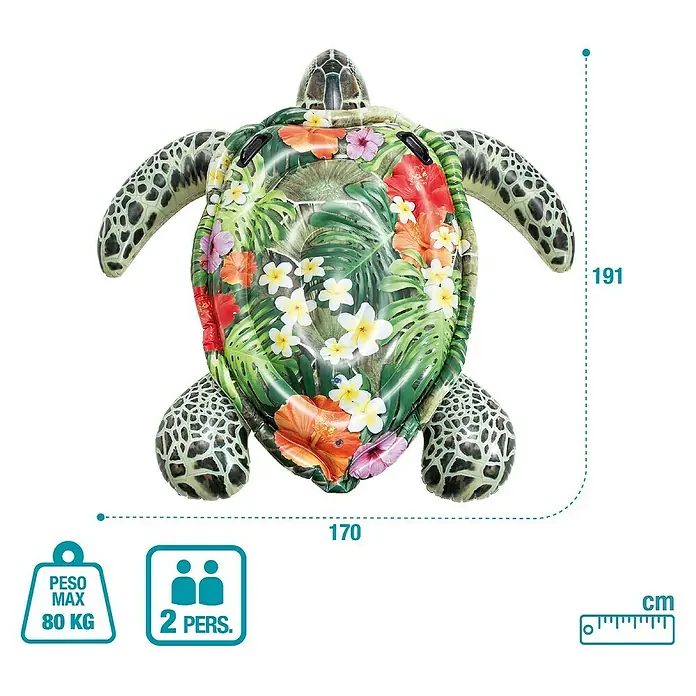 Intex Animal acuático Tortuga - 197 x 170 x 26 cm, Plástico - Flotador inflable de tortuga con diseño floral tropical para la piscina.