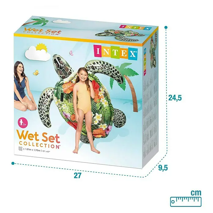 Intex Animal acuático Tortuga - 197 x 170 x 26 cm, Plástico - Embalaje del juguete acuático inflable Intex Wet Set Collection en forma de tortuga con indicaciones de tamaño.