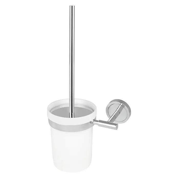 Bath Stage B-Right Escobillero - Altura: 37 cm, Metal, Blanco/Cromado - Primer plano de un escobillero de inodoro con recipiente blanco, soporte plateado y mango elegante y brillante. El accesorio de baño es elegante y funcional.