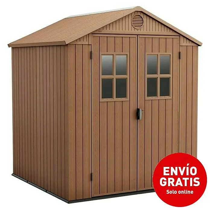 Keter Caseta de jardín Darwin 6X6 II - Medidas ext. (An x Pr): 190 x 183 cm, Plástico, Marrón, 3,3 m² - Una caseta de jardín marrón con puertas dobles y ventanas pequeñas, ideal para guardar herramientas de jardín.