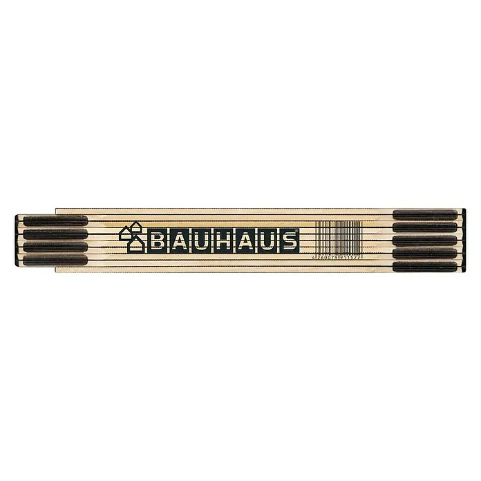 BAUHAUS Metro de madera - Valencia, Largo: 200 cm - Un metro plegable beige de Bauhaus con el nombre de la empresa y un código de barras. Una herramienta de medición para trabajos de bricolaje.
