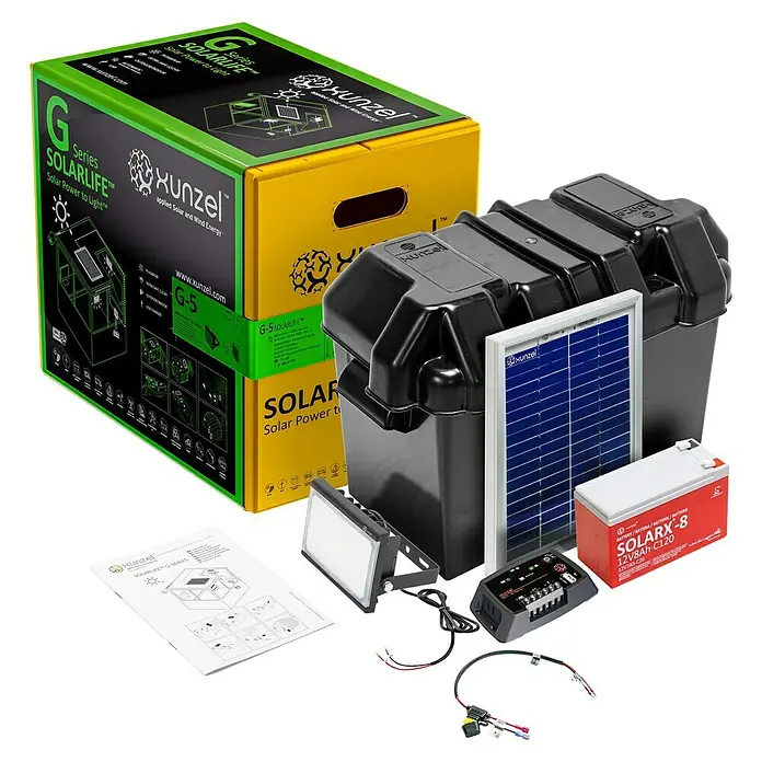 Xunzel Kit de generación solar Solarlife - 5 W - El sistema de energía solar Solarlife G-Series de Xunzel, un kit completo para energía fuera de la red con panel solar, batería y accesorios.