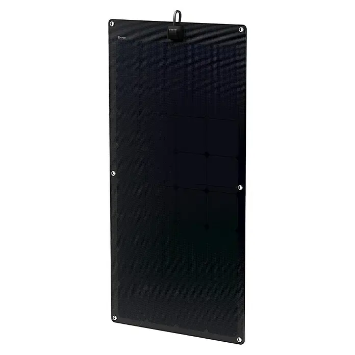 Xunzel Instalación solar Solarpower-HD - An x Al: 56 x 0,3 cm, 110 W - Esta imagen presenta un panel solar portátil con ojales y un lazo para colgar para un montaje flexible. Ideal para aventuras al aire libre.