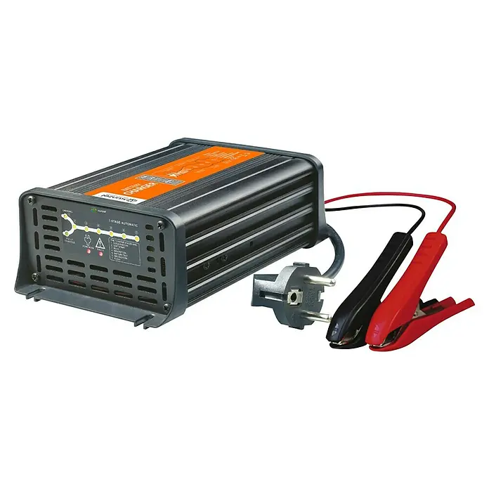Xunzel Cargador de baterías DBC - 20 A, 12 V, Negro - La imagen muestra un cargador de batería con pinzas y enchufe, ideal para cargar baterías de coche y otras baterías recargables.