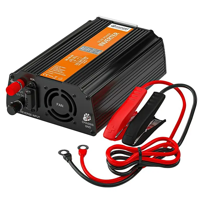 Xunzel Transformador de corriente - 300 W, Negro - Imagen de un inversor de corriente DC/AC Xunzel con entrada de 12V DC y pinzas de batería para conectar a una batería de 12V.