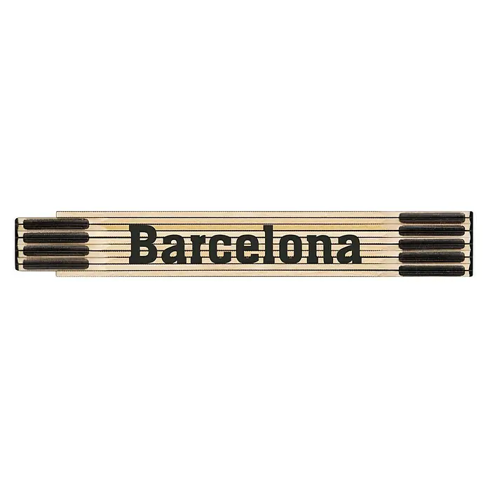 BAUHAUS Metro de madera - Barcelona, Largo: 200 cm - Imagen de una regla plegable de madera con la palabra "Barcelona" impresa. La regla plegable está plegada y dispuesta horizontalmente.