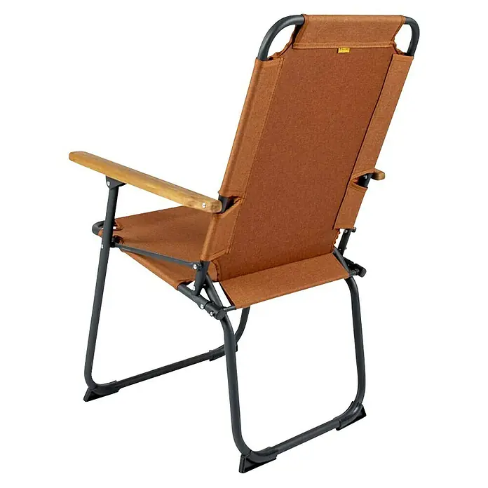 Bo-Camp Campingstuhl Bushwick M - Aluminium, Bambus, Orange, B x T x H: 52 x 60 x 90 cm - Rückansicht eines braunen Campingstuhls mit Holzarmlehnen und schwarzem Metallrahmen.