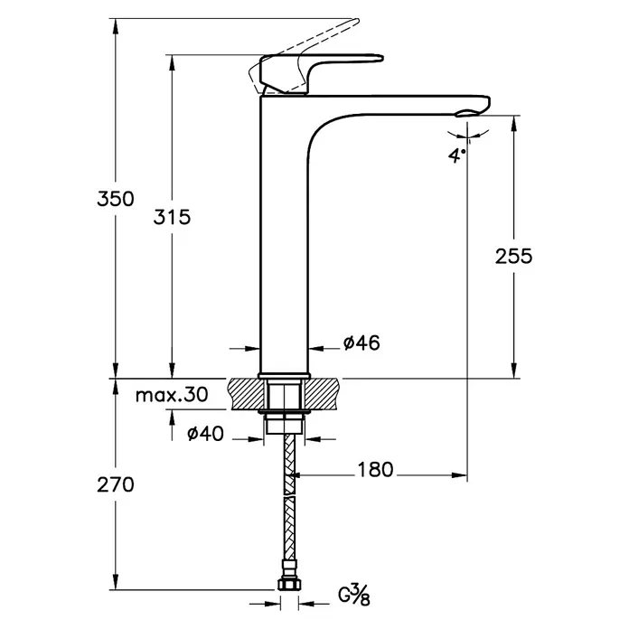 VitrA Waschtischarmatur Root Round - Höhe: 31,5 cm, Schwarz - Produktzeichnung eines Wasserhahns mit Maßen, die seine Höhe (350 mm) und Ausladung (180 mm) zeigen, inklusive Durchmesser und Anschlussdetails.