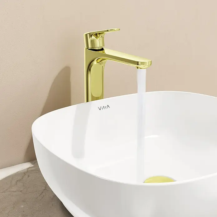 VitrA Waschtischarmatur Root Round - Höhe: 31,5 cm, Gold - Elegantes Waschbecken mit goldener Armatur. Stilvolles Design für moderne Badezimmer, das Funktionalität und Ästhetik vereint.