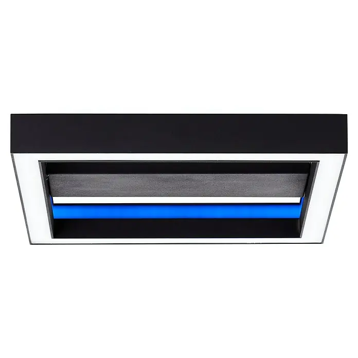 Brilliant LED-Panel Icarus - L x B x H: 30 x 30 x 5,7 cm, 18 W, Schwarz, Warmweiß - Nahaufnahme einer modernen Dunstabzugshaube mit schwarzem Gehäuse, weißer Umrandung und blauem Lichtband.