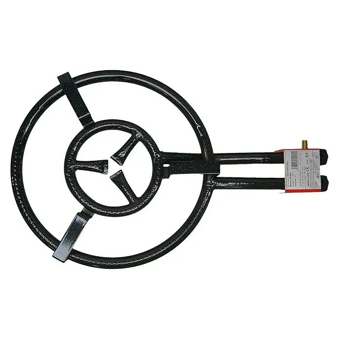 Quemador paellero T-400 - Diámetro: 40 cm - Un quemador de paella negro con dos anillos y tres soportes, ideal para cocinar al aire libre.