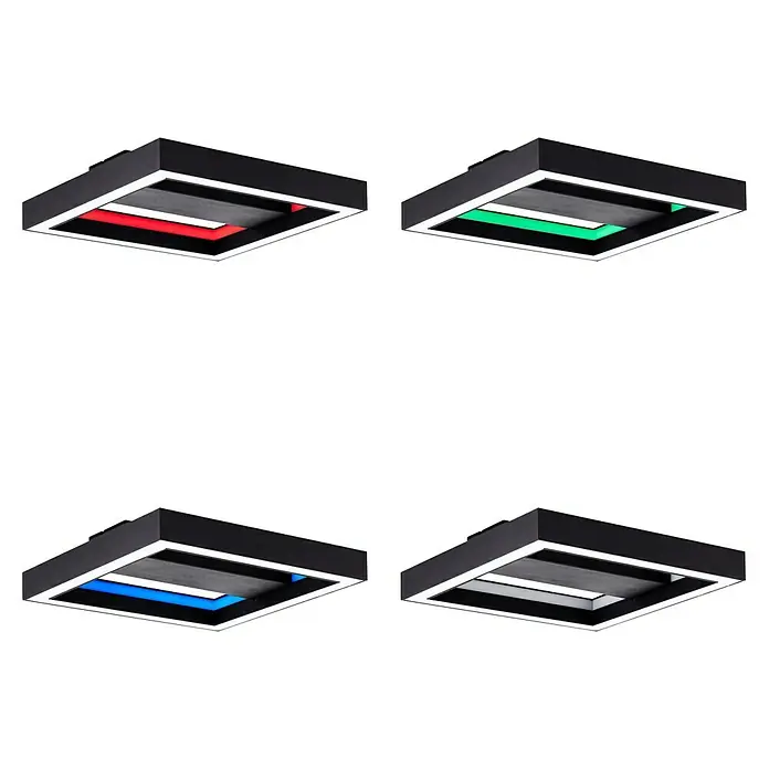 Brilliant LED-Panel Icarus - L x B x H: 30 x 30 x 5,7 cm, 18 W, Schwarz, Warmweiß - Vier quadratische LED-Deckenleuchten in Schwarz mit farbigen Lichtakzenten (Rot, Grün, Blau, Weiß) für stimmungsvolle Beleuchtung.