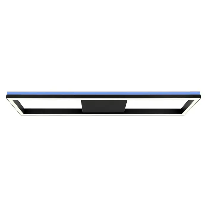 Brilliant LED-Panel Icarus - L x B x H: 100 x 25 x 7,5 cm, 37 W, Schwarz, Warmweiß - Ein rechteckiger LED-Panel-Deckenleuchte in Schwarz und Weiß mit blauem Akzentband, das moderne Beleuchtungslösungen bietet.