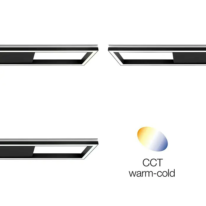 Brilliant LED-Panel Icarus - L x B x H: 100 x 25 x 7,5 cm, 37 W, Schwarz, Warmweiß - Produktabbildung mit der Aufschrift CCT warm-kalt und 3 Ausschnitten des Produkts.